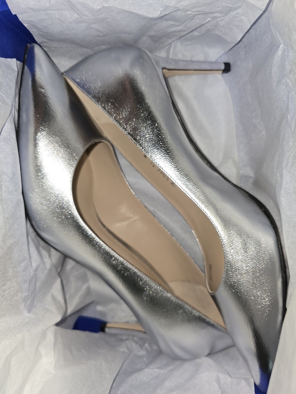 NEW Stuart Weitzman Silver Heels In Box With Dustbag.